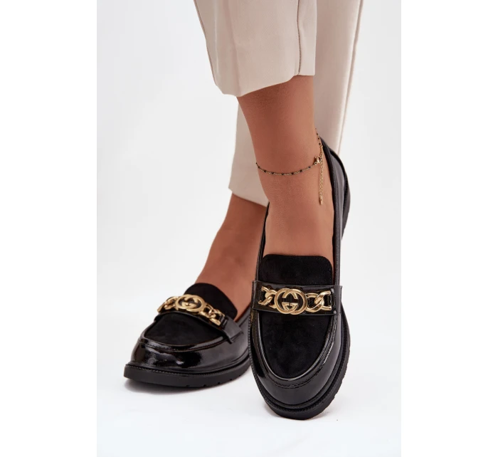 Lakované dámské mokasíny se zlatou ozdobou S.Barski – černé Lakované dámské mokasíny se zlatou ozdobou S.Barski – černé