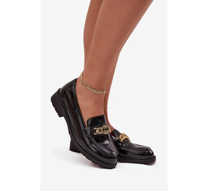 Lakované dámské mokasíny se zlatou ozdobou S.Barski – černé Lakované dámské mokasíny se zlatou ozdobou S.Barski – černé