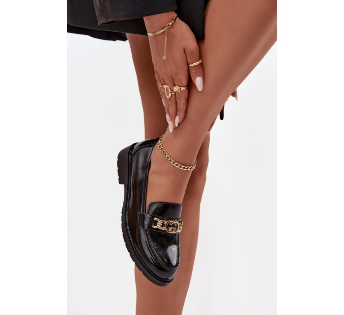 Lakované dámské mokasíny se zlatou ozdobou S.Barski – černé Lakované dámské mokasíny se zlatou ozdobou S.Barski – černé