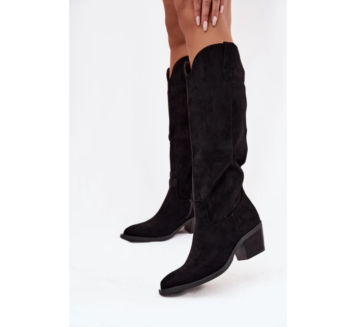 Dámské zateplené kozačky kovbojky na podpatku Esmira – černé, eko semiš Dámské zateplené kozačky kovbojky na podpatku Esmira – černé, eko semiš
