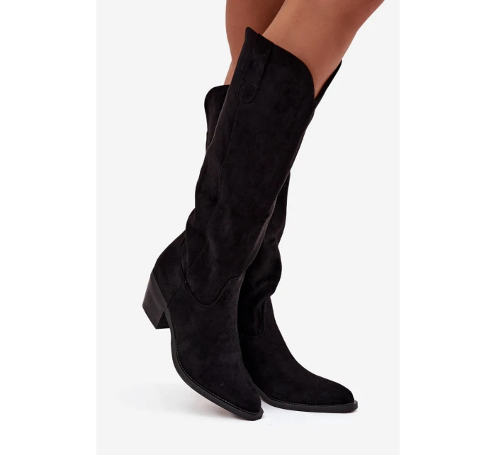 Dámské zateplené kozačky kovbojky na podpatku Esmira – černé, eko semiš Dámské zateplené kozačky kovbojky na podpatku Esmira – černé, eko semiš