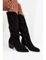 Dámské zateplené kozačky kovbojky na podpatku Esmira – černé, eko semiš Dámské zateplené kozačky kovbojky na podpatku Esmira – černé, eko semiš