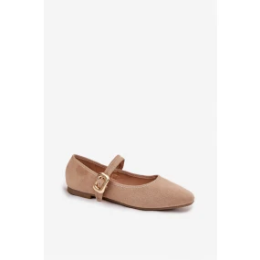 Dámské eko semišové baleríny s páskem a zlatou přezkou model 21834574 – béžové - Kesi