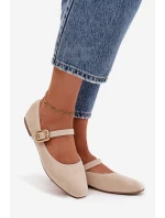 Dámské eko semišové baleríny s páskem a zlatou přezkou Adelora – světle béžové