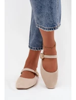 Dámské eko semišové baleríny s páskem a zlatou přezkou Adelora – světle béžové