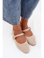 Dámské eko semišové baleríny s páskem a zlatou přezkou Adelora – světle béžové