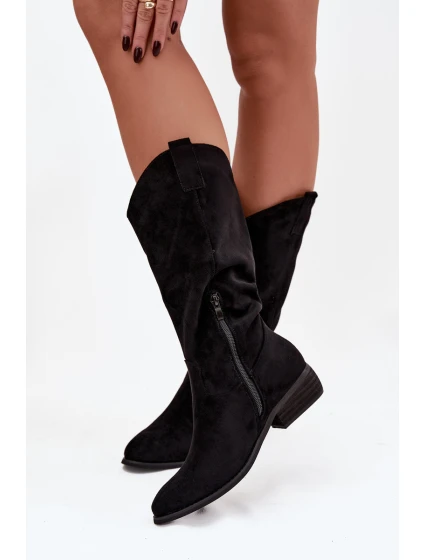 Dámské kozačky ve western stylu na nízkém podpatku Cherrie – černé, eko semiš Dámské kozačky ve western stylu na nízkém podpatku Cherrie – černé, eko semiš