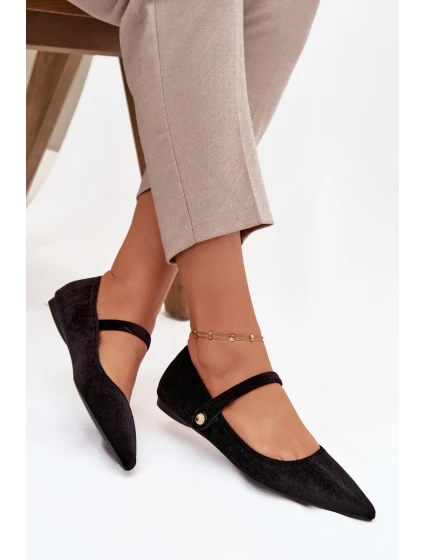 Dámské sametové baleríny s páskem a zlatým detailem Gisanne – černé Dámské sametové baleríny s páskem a zlatým detailem Gisanne – černé