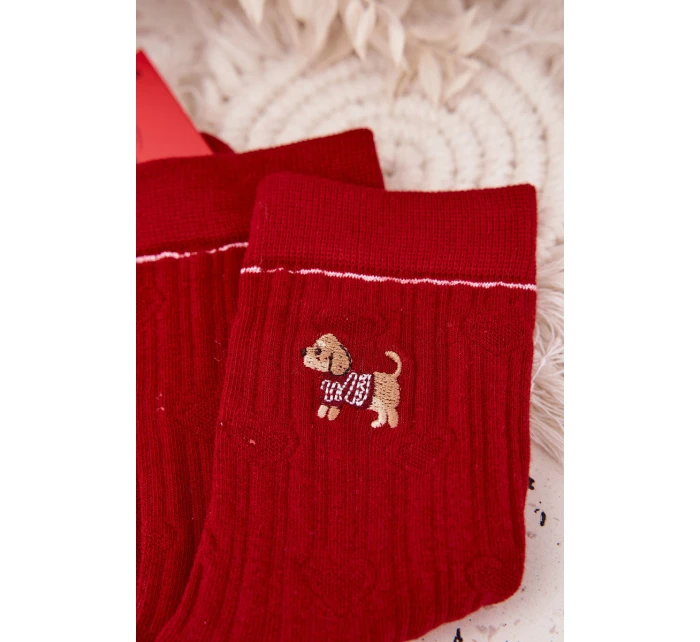 Dámské vánoční ponožky se srdíčky a pejskem – červené Dámské vánoční ponožky se srdíčky a pejskem – červené