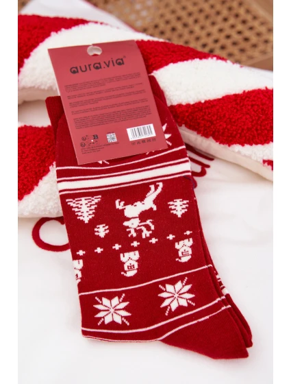 Pánské vánoční ponožky s motivem kočky a stromečku – červené Pánské vánoční ponožky s motivem kočky a stromečku – červené