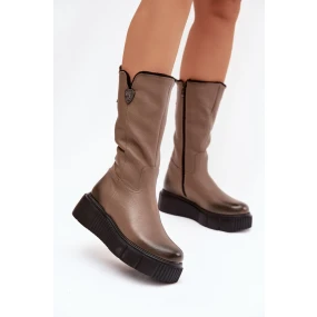 Dámské kožené kozačky Zazoo s vlnou – tmavě béžové