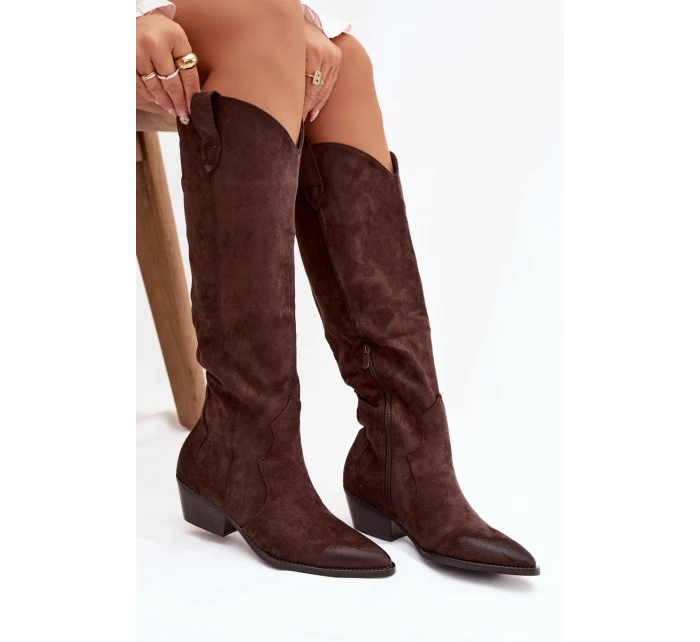 Dámské eko-semišové kovbojky na podpatku Jenaya – čokoládové Dámské eko-semišové kovbojky na podpatku Jenaya – čokoládové