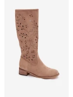 Dámské perforované kozačky na podpatku Helinna – khaki