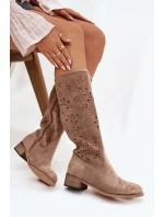 Dámské perforované kozačky na podpatku Helinna – béžové