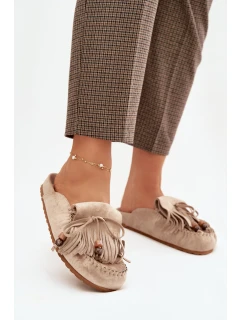 Dámské mule pantofle s třásněmi a korálky – béžové Belissa