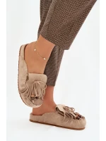 Dámské mule pantofle s třásněmi a korálky – béžové Belissa Dámské mule pantofle s třásněmi a korálky – béžové Belissa