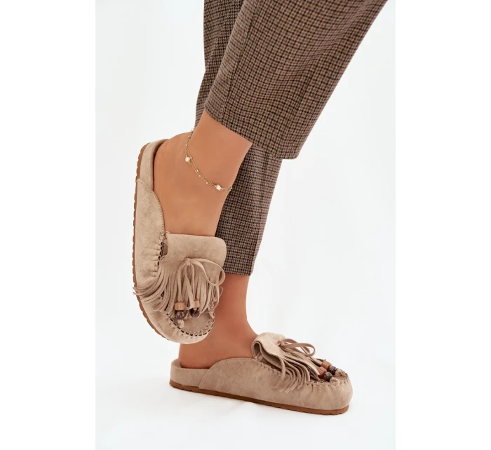 Dámské mule pantofle s třásněmi a korálky – béžové Belissa Dámské mule pantofle s třásněmi a korálky – béžové Belissa