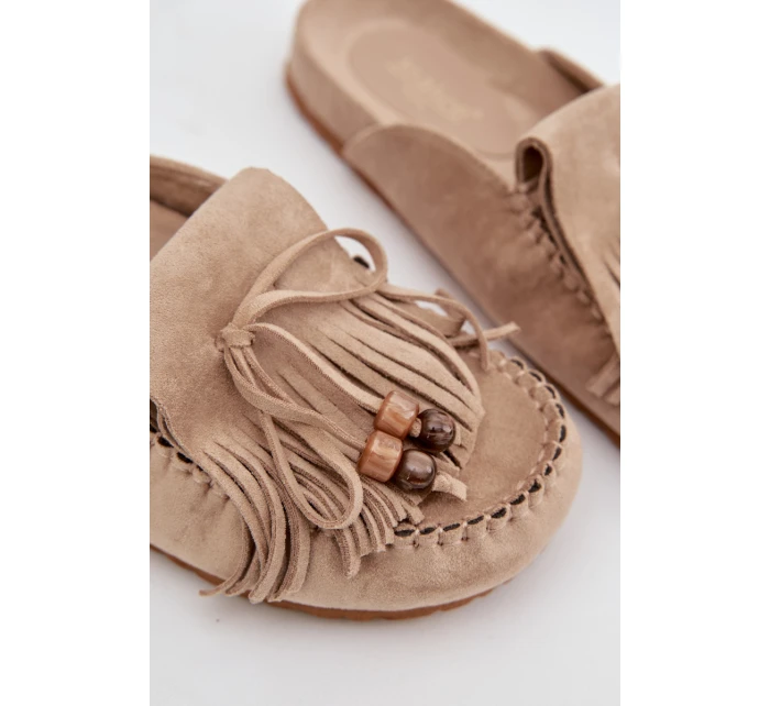 Dámské mule pantofle s třásněmi a korálky – béžové Belissa Dámské mule pantofle s třásněmi a korálky – béžové Belissa