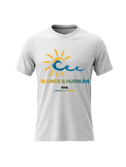 Pánské bavlněné tričko s potiskem - SLUNCE & HURIKÁN - bílé Pánské bavlněné tričko s potiskem - SLUNCE & HURIKÁN - bílé