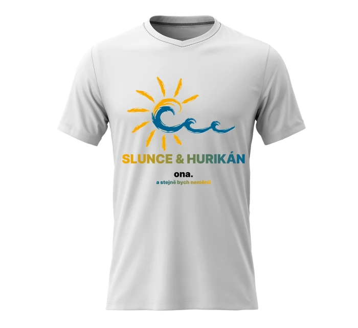Pánské bavlněné tričko s potiskem - SLUNCE & HURIKÁN - bílé Pánské bavlněné tričko s potiskem - SLUNCE & HURIKÁN - bílé