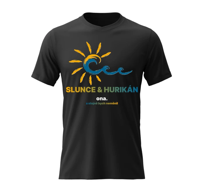 Pánské bavlněné tričko s potiskem - SLUNCE & HURIKÁN - černé Pánské bavlněné tričko s potiskem - SLUNCE & HURIKÁN - černé