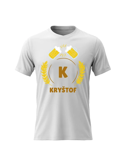 Pánské bavlněné tričko s potiskem - PIVNÍ MOTIV SE JMÉNEM - KRYŠTOF - bílé Pánské bavlněné tričko s potiskem - PIVNÍ MOTIV SE JMÉNEM - KRYŠTOF - bílé