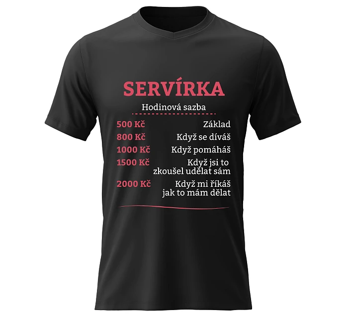 Dámské bavlněné tričko s potiskem - HODINOVÁ SAZBA SERVÍRKA - černé Dámské bavlněné tričko s potiskem - HODINOVÁ SAZBA SERVÍRKA - černé