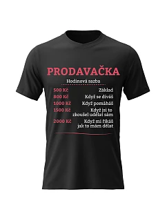 Dámské bavlněné tričko s potiskem - HODINOVÁ SAZBA PRODAVAČKA - černé