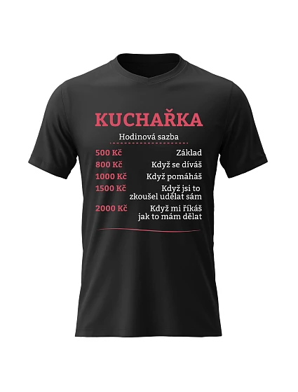 Dámské bavlněné tričko s potiskem - HODINOVÁ SAZBA KUCHAŘKA - černé Dámské bavlněné tričko s potiskem - HODINOVÁ SAZBA KUCHAŘKA - černé