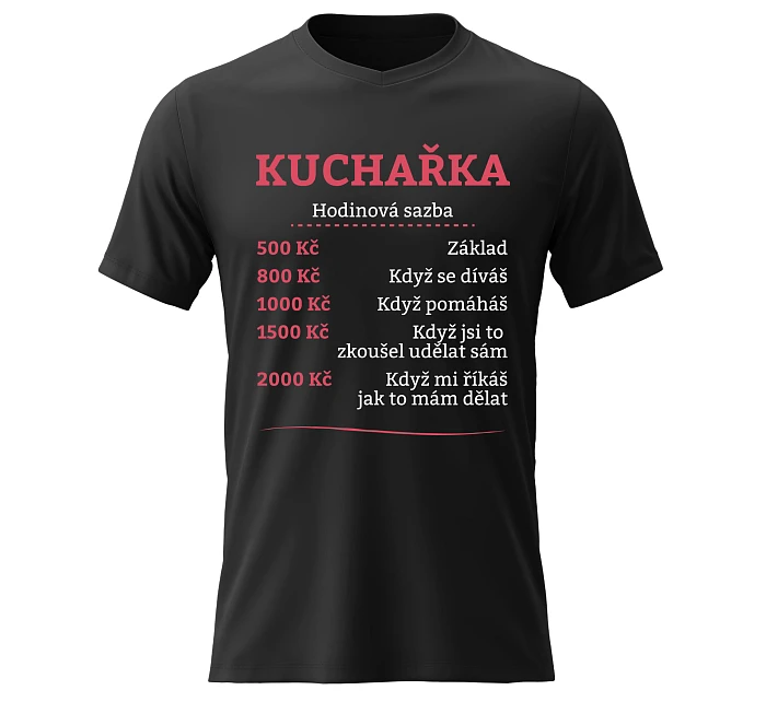 Dámské bavlněné tričko s potiskem - HODINOVÁ SAZBA KUCHAŘKA - černé Dámské bavlněné tričko s potiskem - HODINOVÁ SAZBA KUCHAŘKA - černé