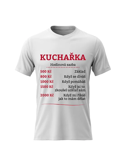 Dámské bavlněné tričko s potiskem - HODINOVÁ SAZBA KUCHAŘKA - bílé Dámské bavlněné tričko s potiskem - HODINOVÁ SAZBA KUCHAŘKA - bílé