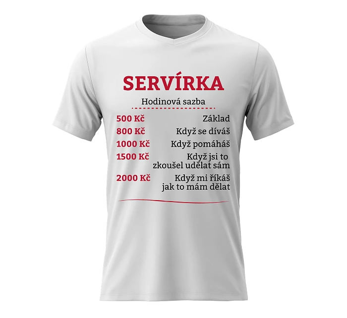 Dámské bavlněné tričko s potiskem - HODINOVÁ SAZBA SERVÍRKA - bílé Dámské bavlněné tričko s potiskem - HODINOVÁ SAZBA SERVÍRKA - bílé