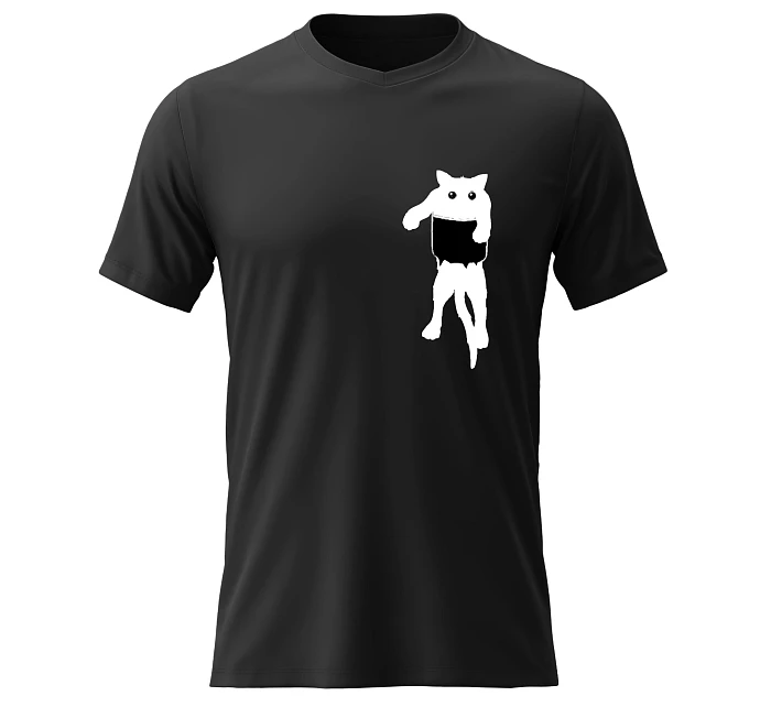 Pánské bavlněné tričko s potiskem - KOČKA V KAPSE - černé Pánské bavlněné tričko s potiskem - KOČKA V KAPSE - černé