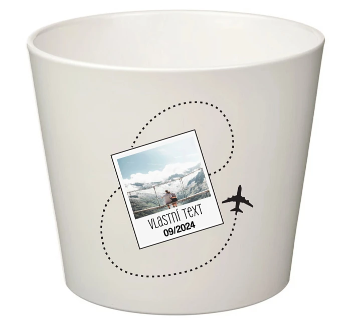 Bílý keramický květináč s cestovatelským motivem - malý Bílý keramický květináč s cestovatelským motivem - malý