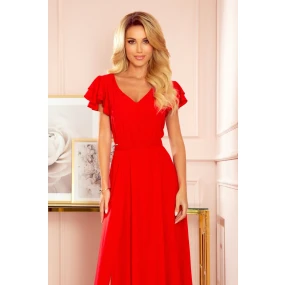 Dlouhé červené dámské šaty s volánky a dekoltem model 21729063 - numoco
