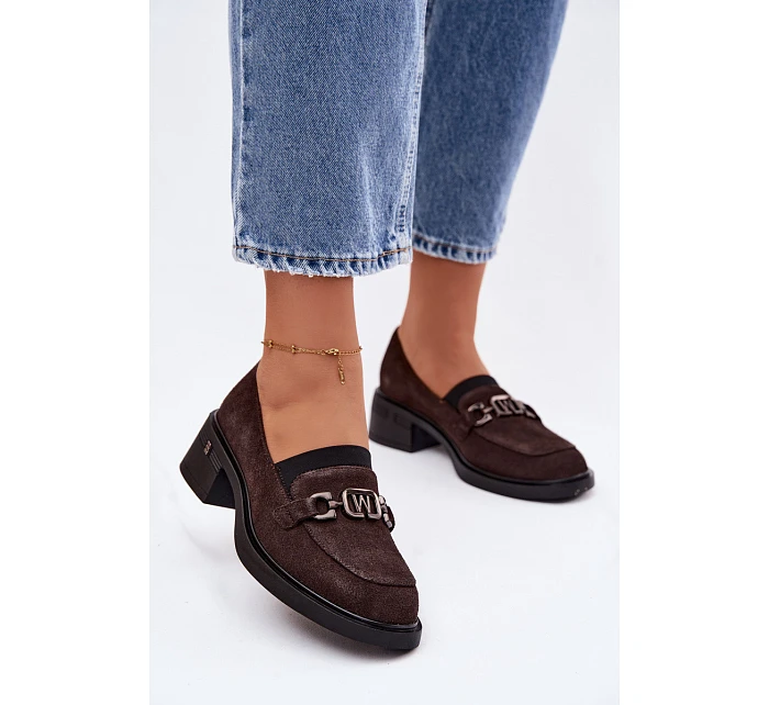 Dámské mokasiny z přírodního semiše na nízkém podpatku model 22100103 Čokoládové - VINCEZA