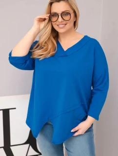 Dámská bavlněná blůza Plus Size s hlubokým V výstřihem a asymetrickým spodním lemem chabrová