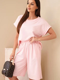 Dámská bavlněná souprava tričko krátký rukáv a kraťasy s gumou v pase pudrově růžová