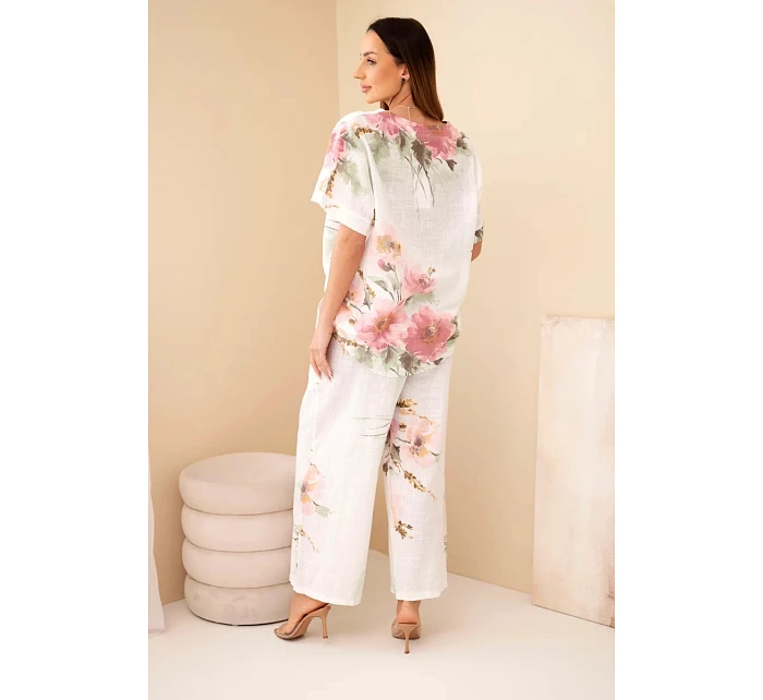 Dámský bavlněný komplet s krátkým rukávem a širokými nohavicemi bílý