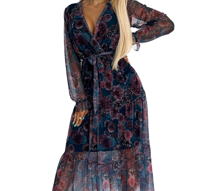 ENRICA - Dámské síťované šaty s výstřihem, dlouhými rukávy a se vzorem tmavých květů 476-2