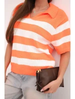 Dámský pruhovaný svetr s límečkem a krátkým rukávem oranžový