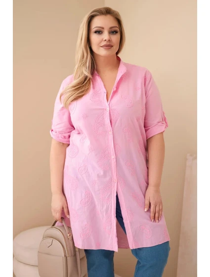 Dámské šaty Plus Size s vyšíváním a ohrnutým rukávem světle růžová