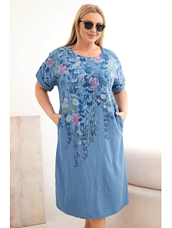 Dámské viskózové šaty Plus Size s krátkým rukávem a rozparky po stranách džínové
