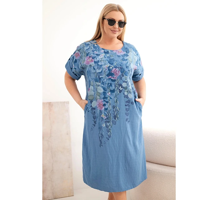 Dámské viskózové šaty Plus Size s krátkým rukávem a rozparky po stranách džínové