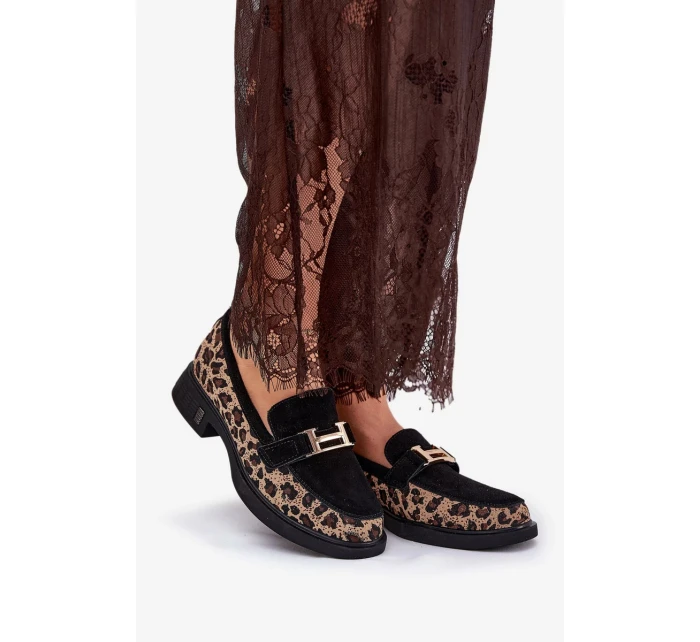 Dámské semišové mokasíny s panterkovým vzorem Vinceza – černé