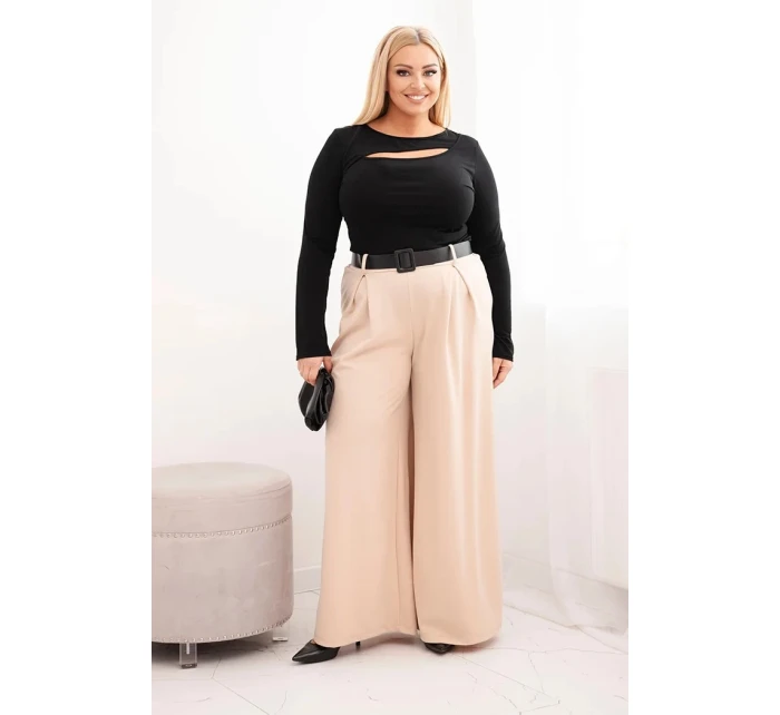 Dámské kalhoty Plus Size s širokou nohavicí a páskem béžové