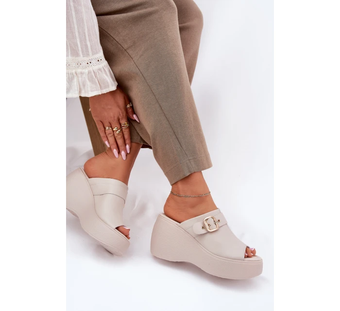 Kožené Dámské Sandály Na Platformě A Klínu S Přezkou Béžové S.Barski LR51-542