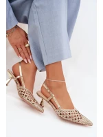 Pletené dámské sandály na podpatku zlaté model 22027857 - Boto