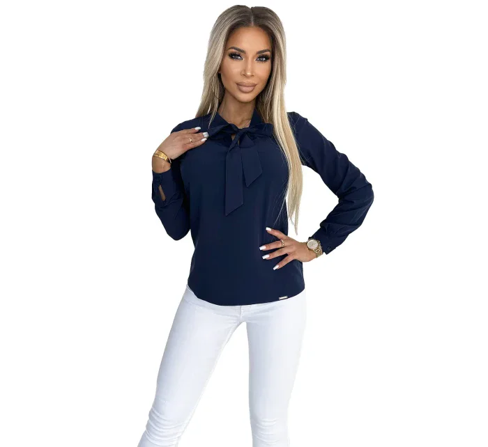 Tmavě modrá dámská halenka s dlouhými rukávy a vázáním ve přední části model 20498595 - numoco