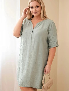 Dámské viskózové šaty Plus Size s krátkým rukávem a výstřihem do V khaki